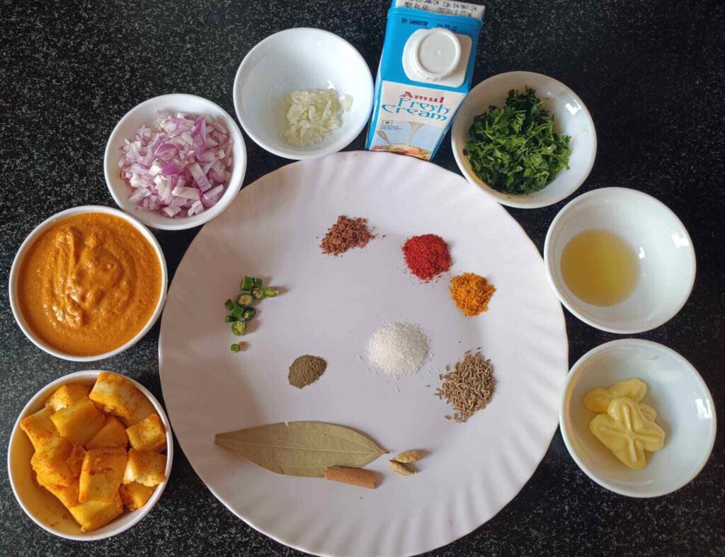 Ingredients of paneer butter masala recipe