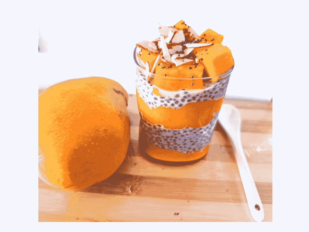 Mango chia seed pudding recipe showing in a glass. It is ready to serve